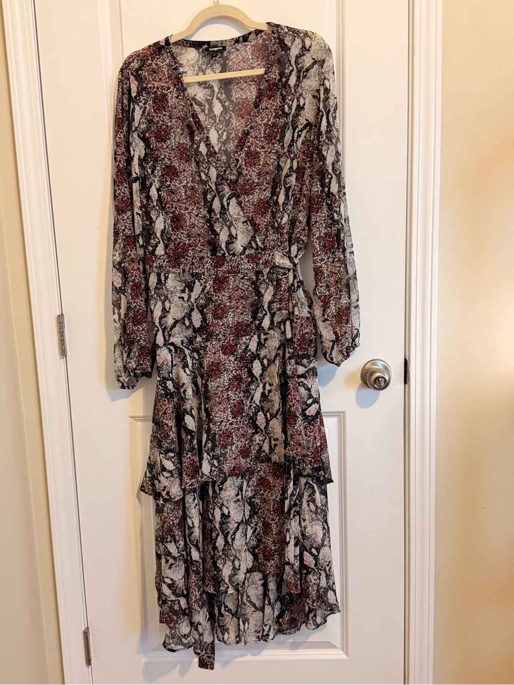 Express Snake-Print Wrap Midi Dress in Black and Burgundy